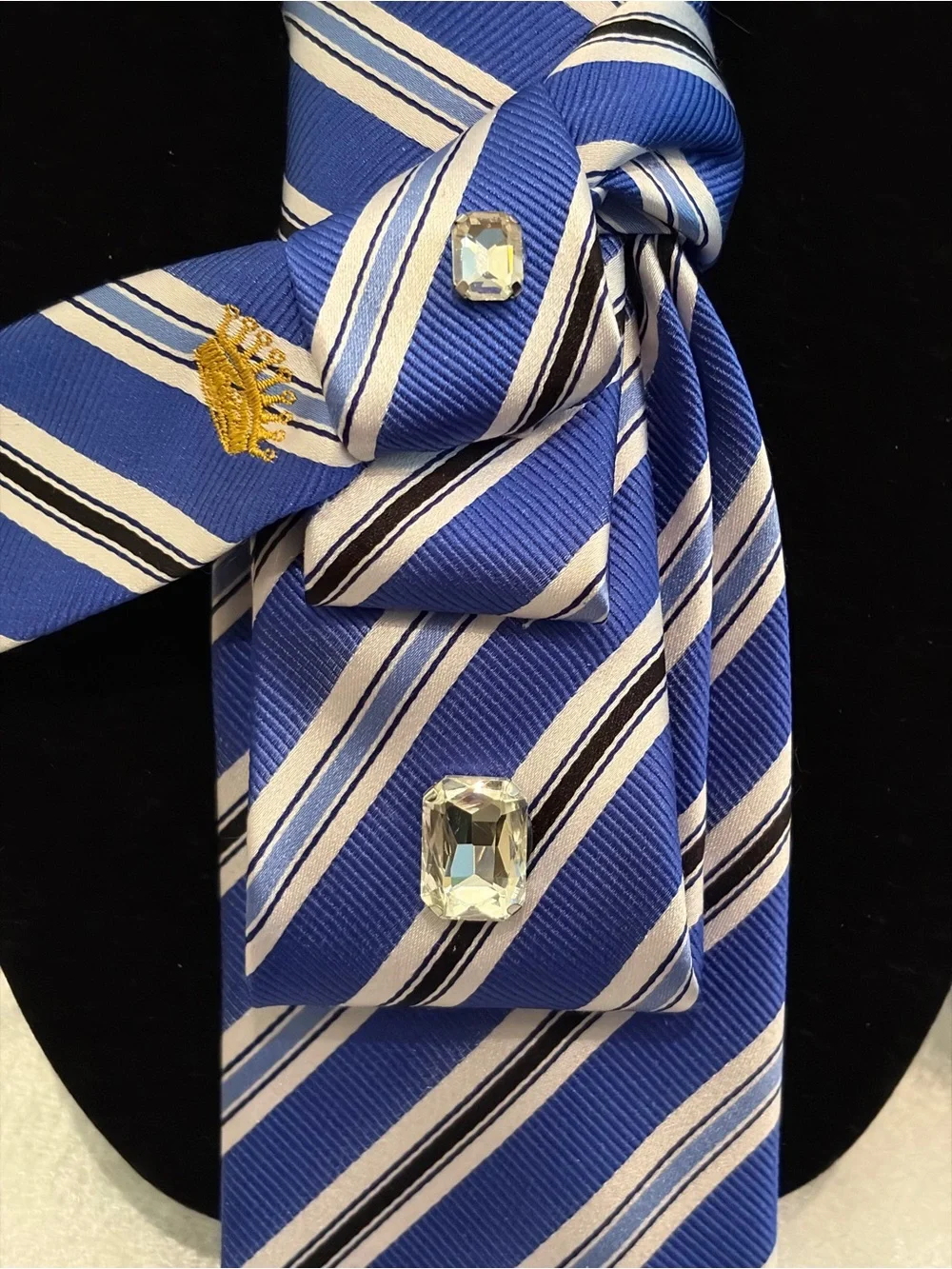 Countess Mara Blue Striped Women's Necklace Tie with Crystal Accents